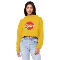 Sweet Kiss Red Lipstick Style Raw Edge Cropped Hooded Shirt