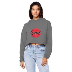 Sweet Kiss Red Lipstick Black Graphic Text Style Raw Edge Cropped Hooded Shirt