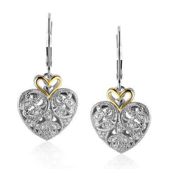 14k Yellow Gold and Sterling Silver Intricate Filigree Heart Drop Earrings