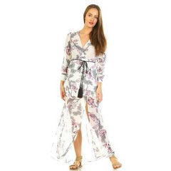 Women's Long Sleeve V-Neck Floral Belted Maxi with Side Slit