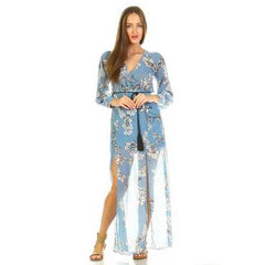 Women's Long Sleeve V-Neck Floral Belted Maxi with Side Slit